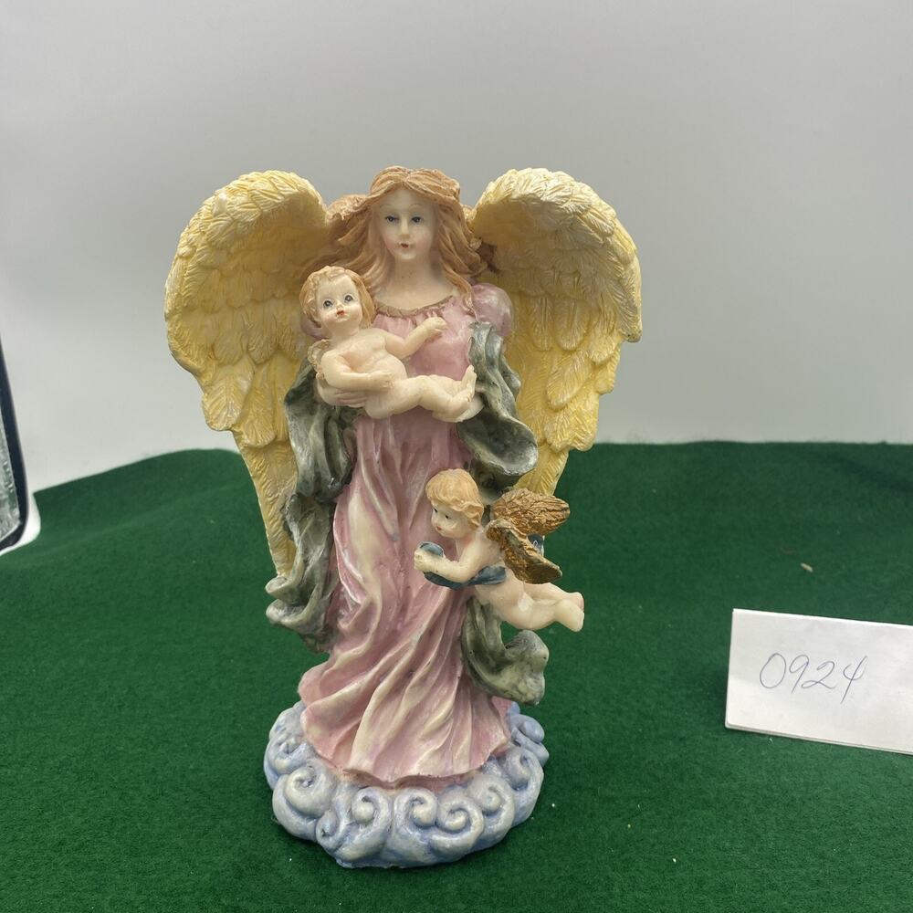 Vintage 8” Angel Figurine Holding A Baby With A Small Angel At Base 8” Tall
